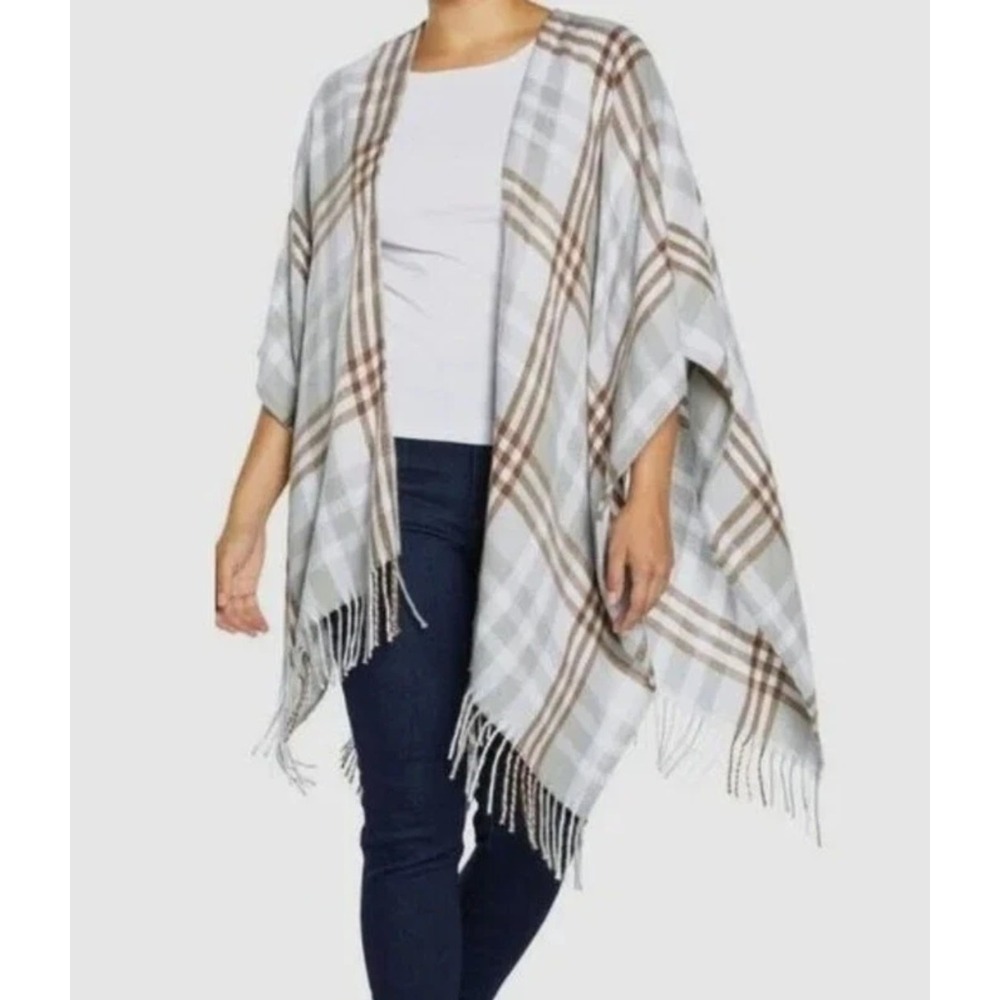 Three Dots Shawl Ruana One Size Gray Tartan Plaid Cashmere Wool Blend Fringe